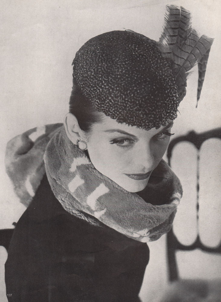 Pheasant feather casque. Fashion. BRITISH VOGUE 1955 old vintage print picture